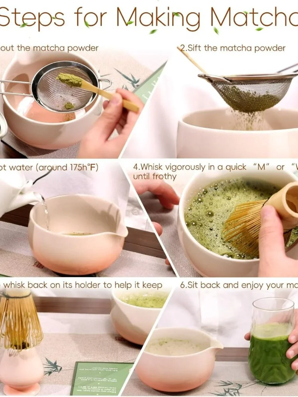 NEW 6 PCS Ceramic Matcha Set Includes Bowl & Holder, Bamboo Whisk (Chasen)